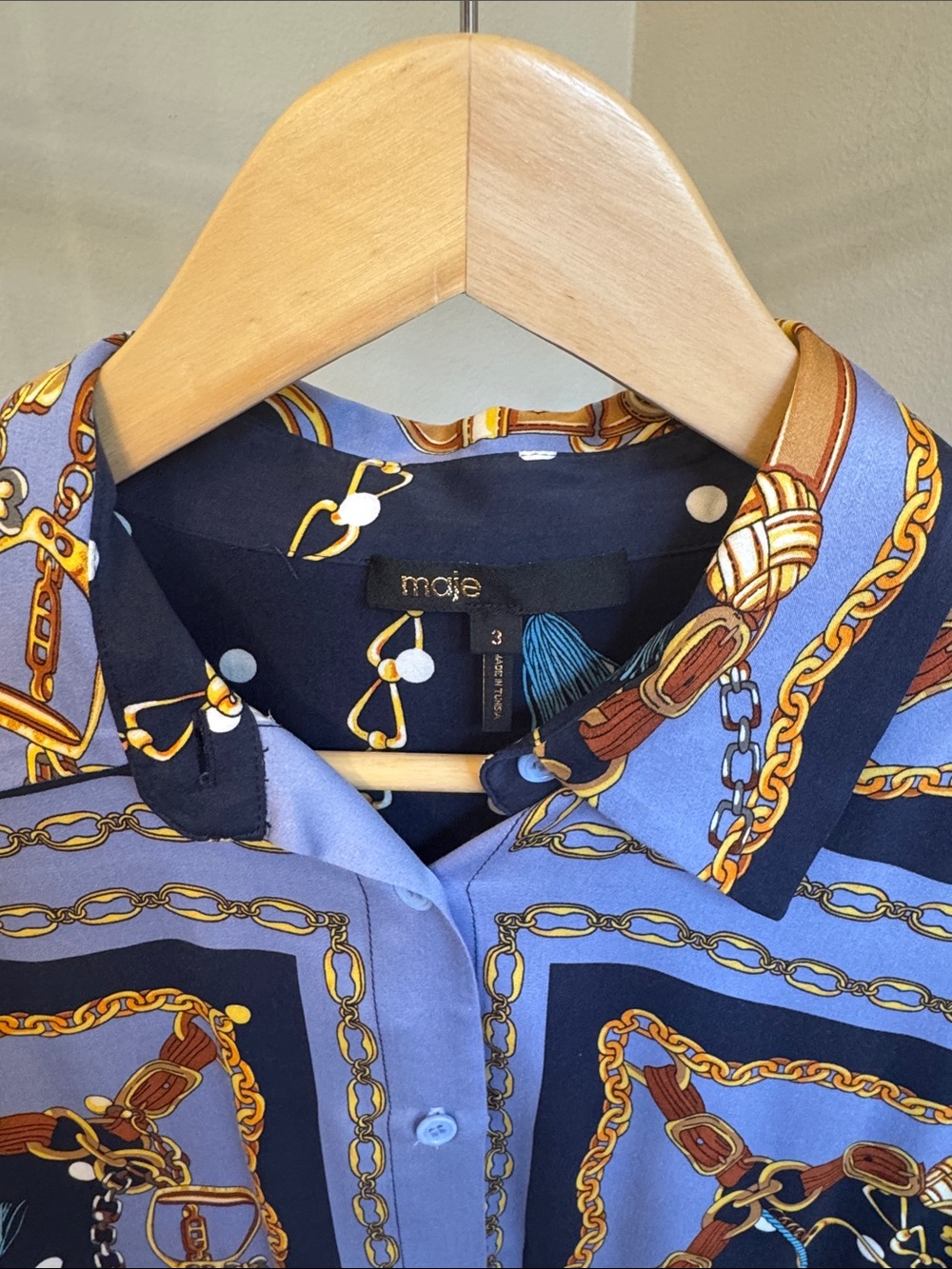 Maje Navy, Light Blue and Gold Chain-Print Button-Up Blouse - Picture 4 of 4